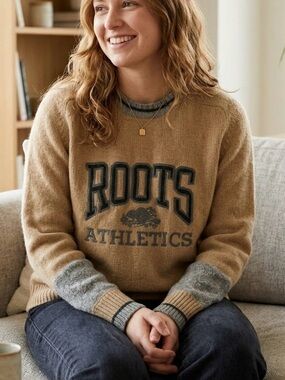 Roots Athletics RARE Lambswool Colorblock Graphic Sweater Vintage Heritage 90s